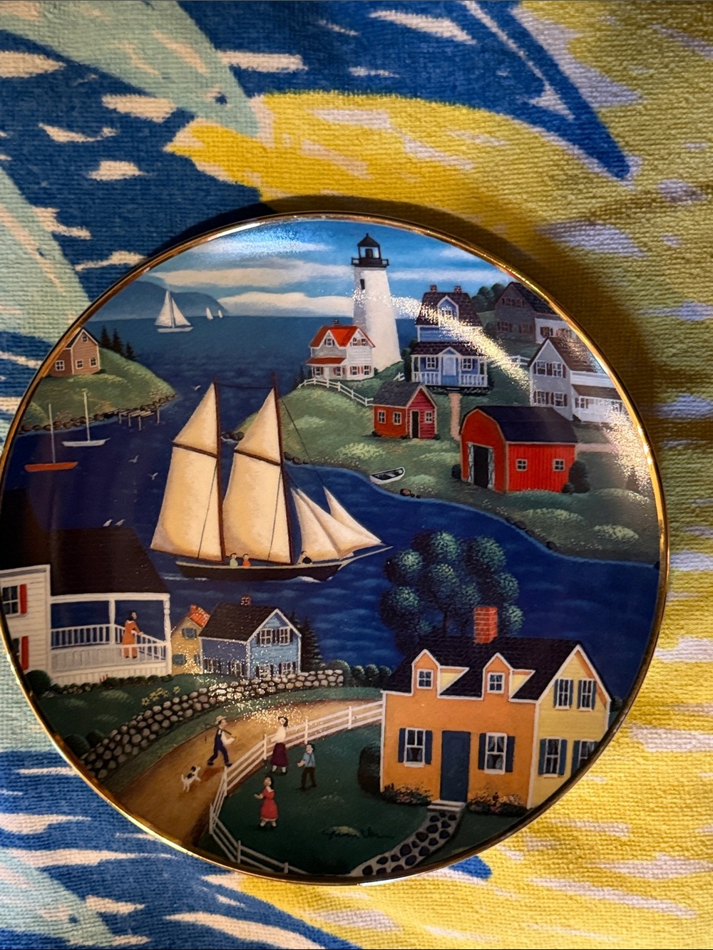 Coastal Village Porcelain Wall Plate in Blue and Yellow